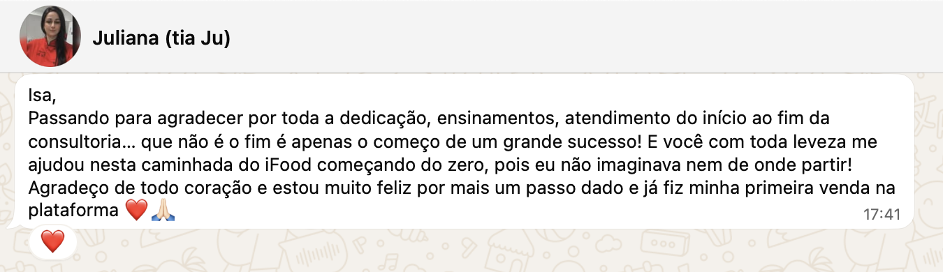 Mensagem da Juliana no WhatsApp: começou do zero no iFood e já fez a primeira venda na plataforma